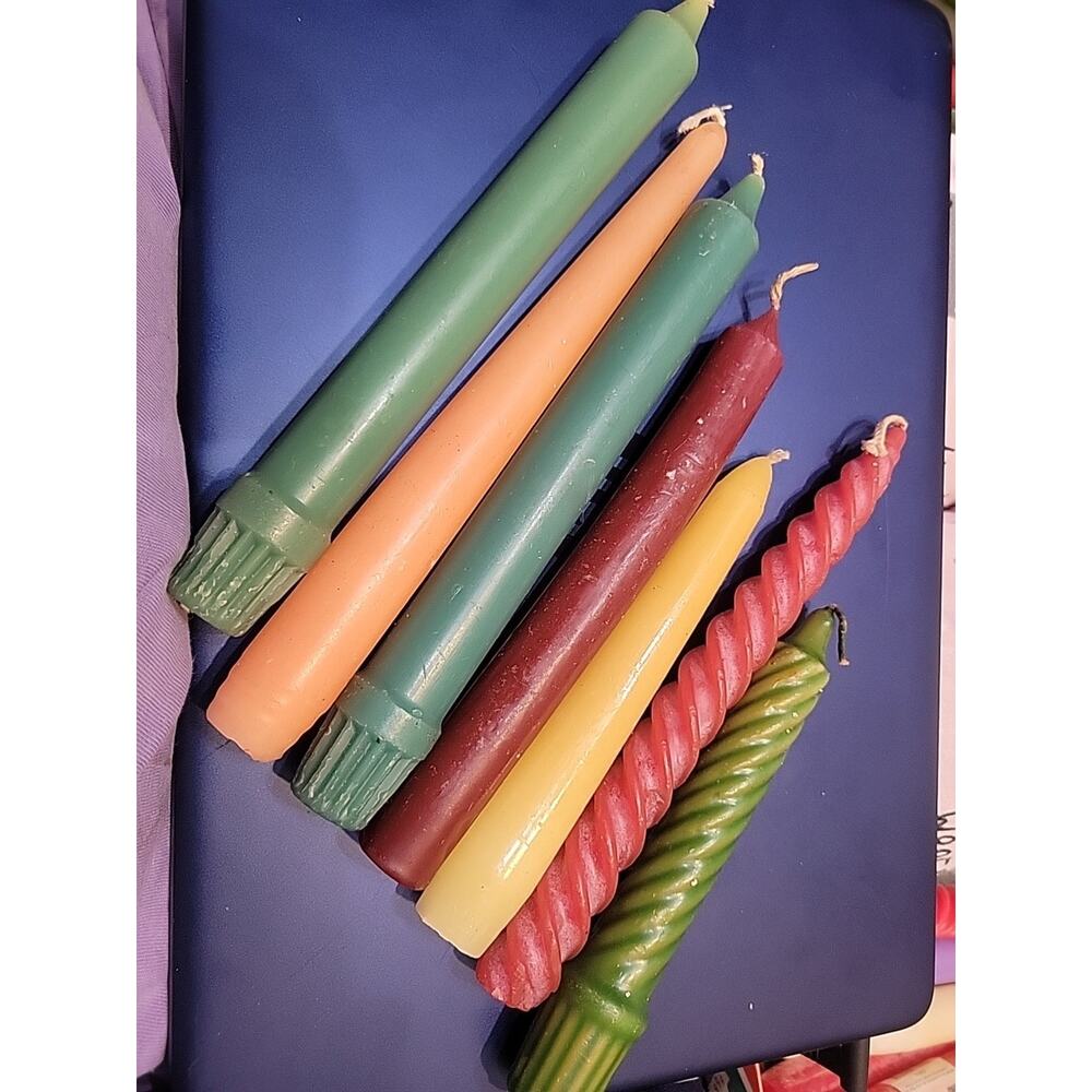 Lot of 7 Retro Vintage 6 to 8" Taper Candles As shown Red Green Peach